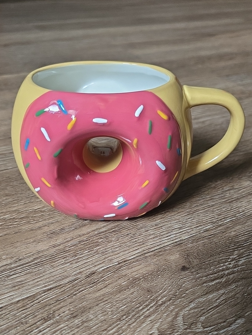 Tag Yellow Coffe Mug with Pink Donut and Multicolor Sprinkles